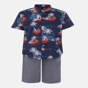 Navy Blue Printed Cotton Shirt Pant Set